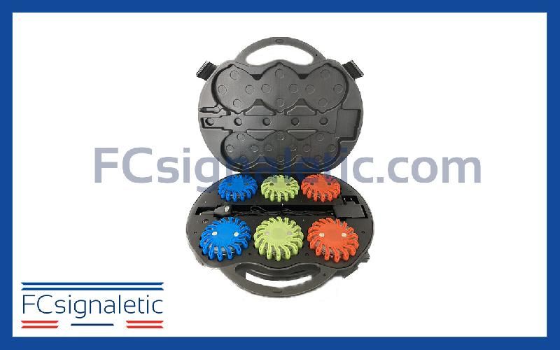 Valise de 6 balises lumineuses bleues, vertes, rouges autonomes magnétiques et rechargeables_0