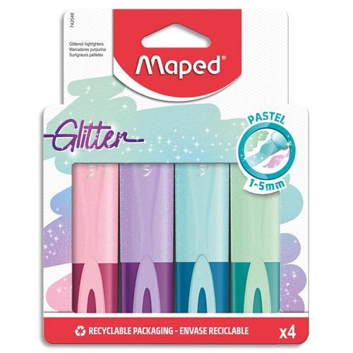 POCHETTE CARTON BROCHABLE DE 4 SURLIGNEURS MAPED FLUO GLITTER : 4 COLORIS PASTEL ASSORTIS