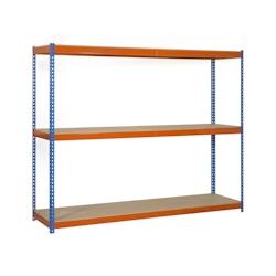PROREGAL Étagère pour charges lourdes WOOD BEAST THREE | HxLxP 150x150x75cm | 3 niveaux | Charge du compartiment 600kg | Bleu-Orange - bleu métal P_0