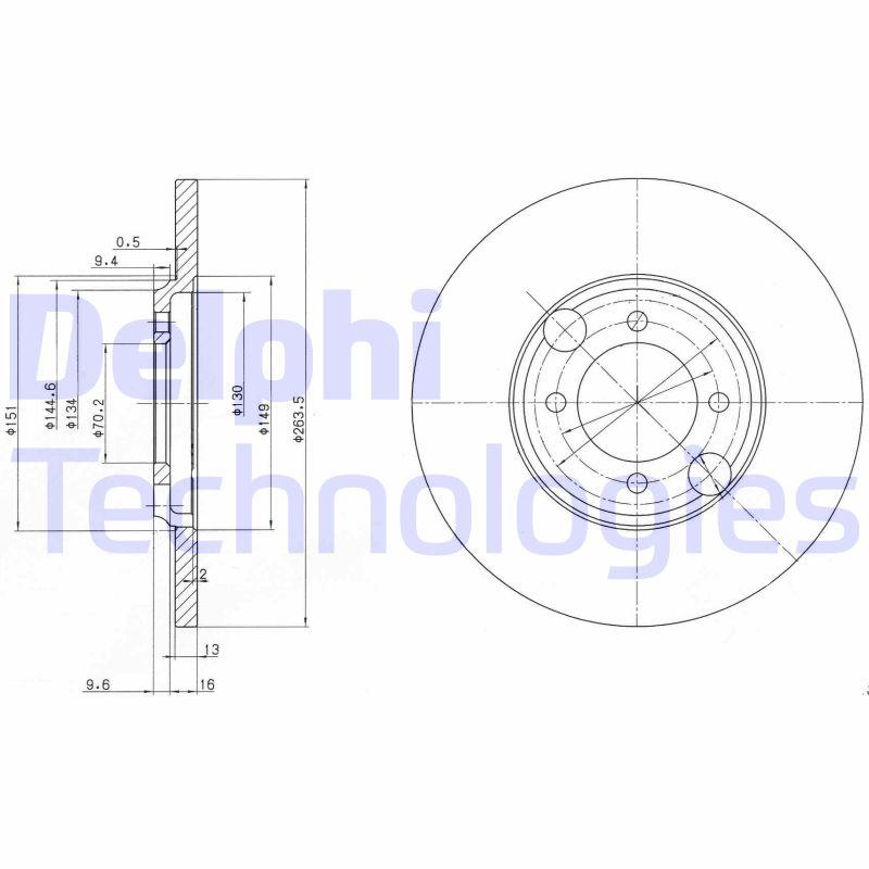 Disque de frein Delphi BG2508 - boîte de 2 disques - plein - 4 trous - épaisseur 13 mm_0