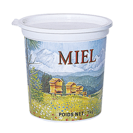 Lc1071 - Pot alimentaire en plastique pour miel 1 kg avec motif montagne et couvercle_0