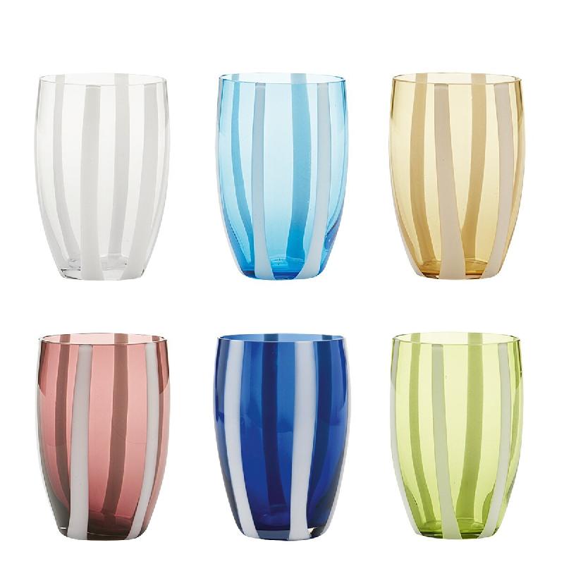 Zafferano Ensemble De 6 Verres Tumbler Gessato En Verre Soufflé À La Bouche Avec Décor À Bandes Verticales Blanches, Coloris Assortis, Style Artis_0