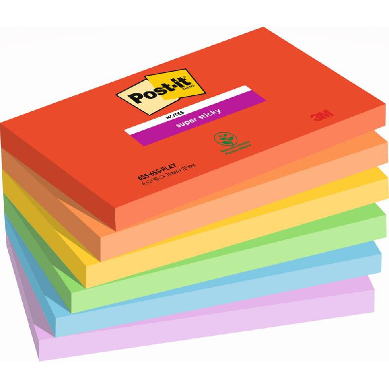 NOTES REPOSITIONNABLES POST-IT PLAYFUL 76 X 127 MM COLORIS ASSORTIES - 6 BLOCS DE 90 FEUILLES