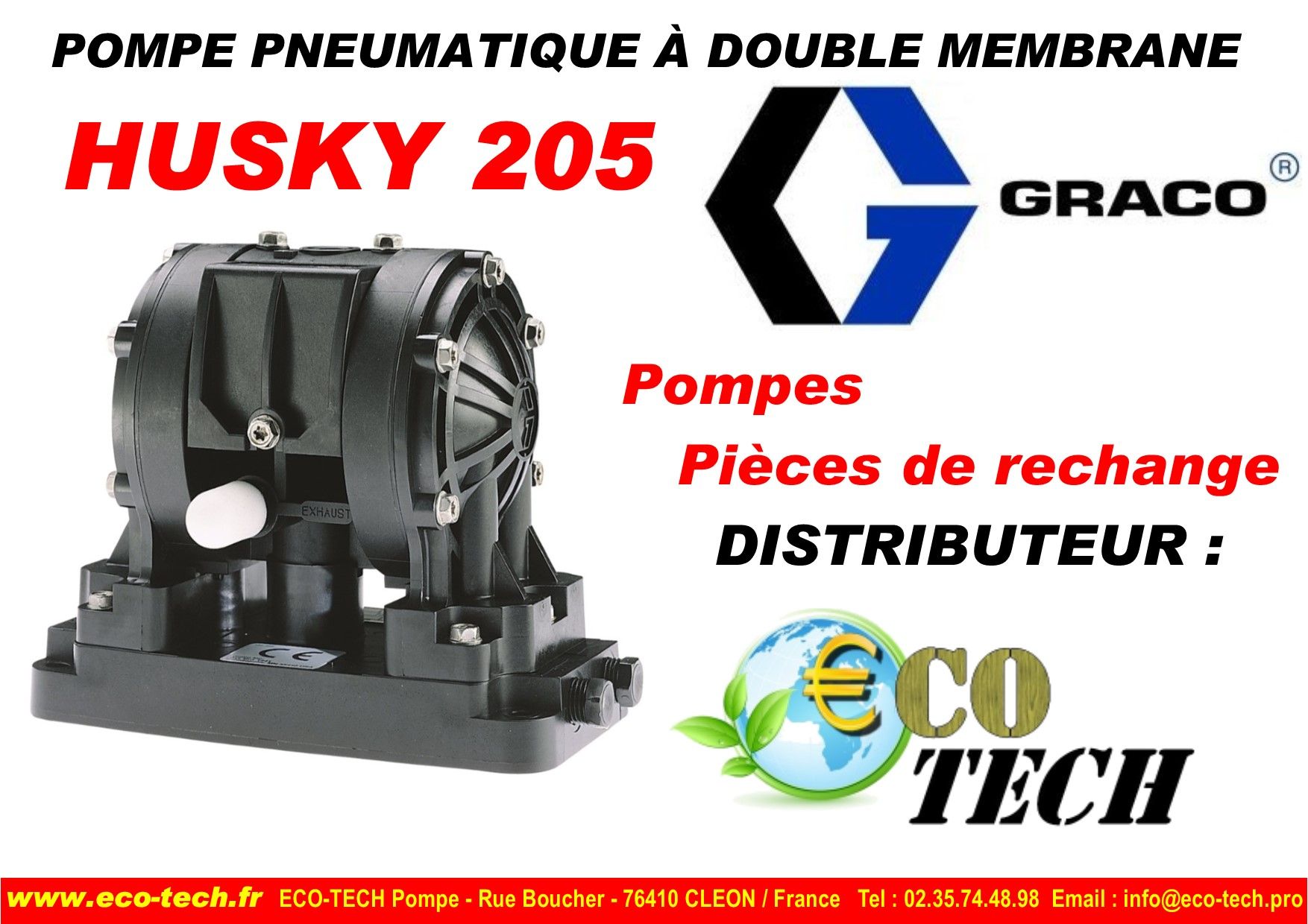 Pompe pneumatique à double membrane Husky 205 Graco - clapets anti-retour à ressort, membranes Santoprene et PTFE_0