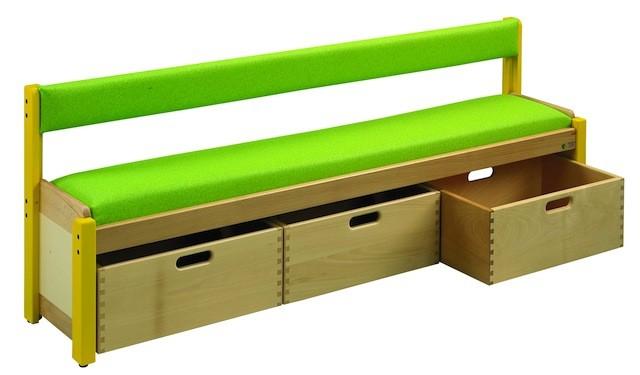 Banc dossier - avec ou sans bacs sur roulettes - assise souple en tissu PVC vert tilleul - 150x30x32 cm_0