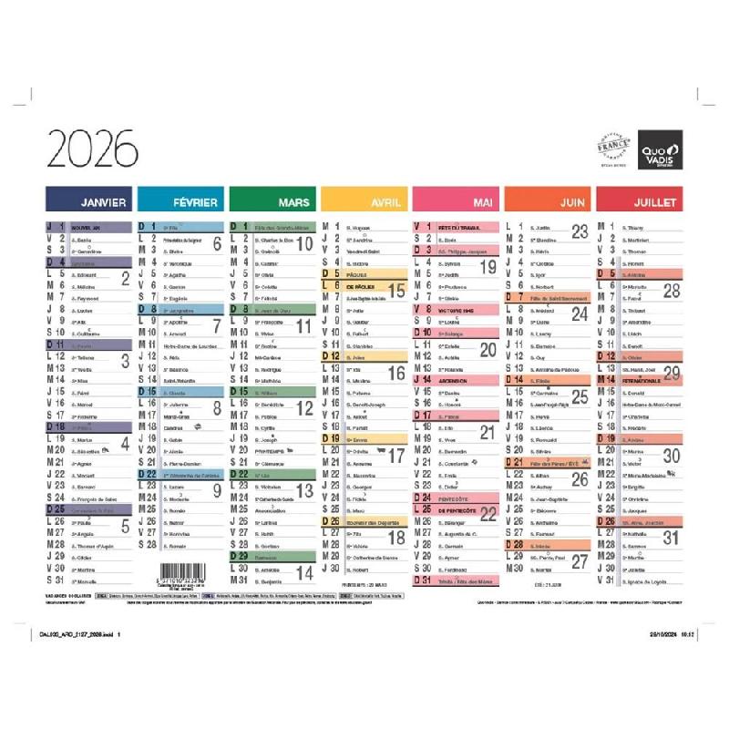 Quo Vadis - Calendrier mural - 2026 - Français - Arc en ciel - Multicolore - 13 mois de janvier à janvier - 27x21 cm - Papier Clairefontaine blanc -_0