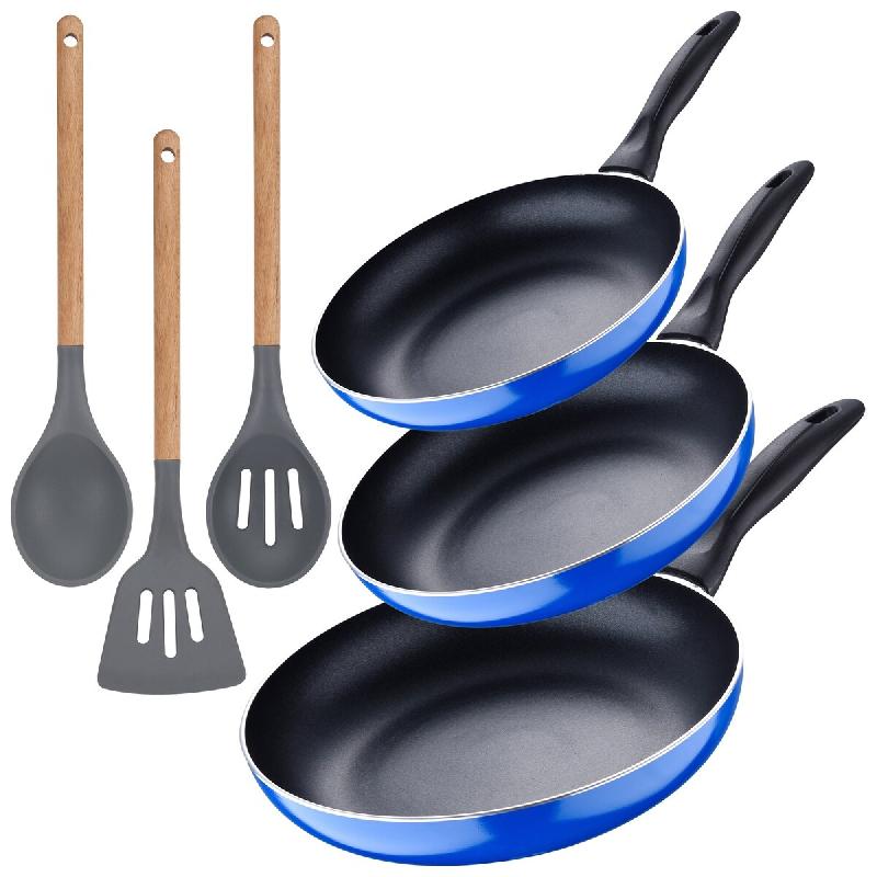 San Ignacio - Ensemble de 3 poêles 16/20/24 cm en aluminium embouti compatible induction avec ensemble de 3 ustensiles de cuisine en silicone et bois_0
