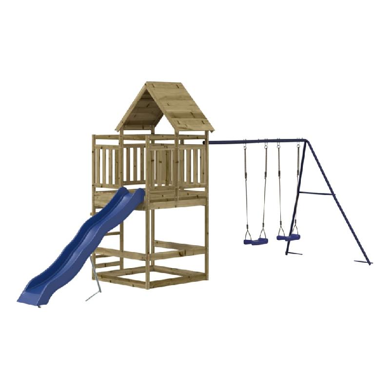 Aire de jeux d'extérieur en bois de pin imprégné - 553 x 206 x 264 cm - Avec toboggan ondulé, double balançoire et bac à sable 02_0004861_0