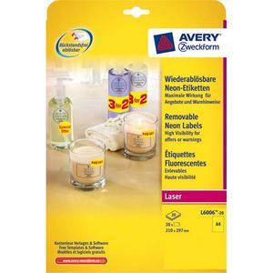 Avery - Boîte de 20 étiquettes laser rectangulaires enlevables 21x29,7 cm - jaune fluo - L6006-20_0