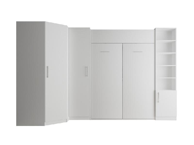 COMPOSITION ARMOIRE LIT ESCAMOTABLE DYNAMO BLANC MAT COUCHAGE 140 X 200 CM  2 COLONNES RANGEMENTS + ANGLE_0