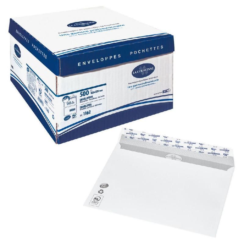 COURONNE BOÎTE DE 500 ENVELOPPES AVEC FENÊTRE PREMIUM - AUTO-ADHÉSIVES - PAPIER VÉLIN - 162 X 229 MM (90 G/M²) - COULEUR BLANC