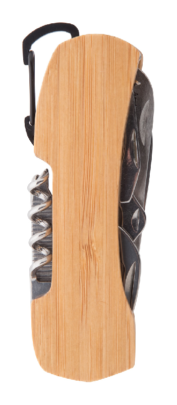 Couteau de poche multifonctionnel en acier inoxydable avec mousqueton et manche en bambou - 9 fonctions_0