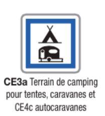 Panneau de signalisation d'indication type CE3a - CE4c - terrain de camping tentes, caravanes et autocaravanes_0