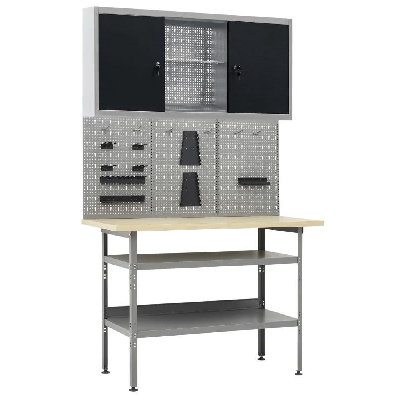 Établi 120 cm avec rangement - 3 panneaux muraux, armoire verrouillable et table de travail robuste - Gris/Noir 02_0003659_0