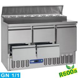 Pack saladette : table de préparation 3 portes avec 4 tiroirs gaz r600a compact line - SALP3/R6_2XGC1/2/R6_0