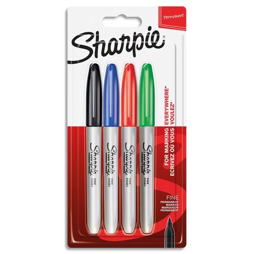 BLISTER DE 4 MARQUEURS SHARPIE FINE ASSORTIS STANDARD (NOIR, BLEU, ROUGE, VERT) - POINTE OGIVE FINE