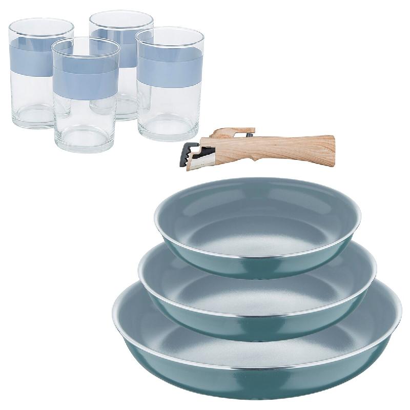 BERGNER - Jeu de 3 Poêles Ø18/20/24cm en Aluminium Pressé Recyclé Vert avec Poignée Amovible et Jeu de 4 Verres de 0,5L - PK9681_0