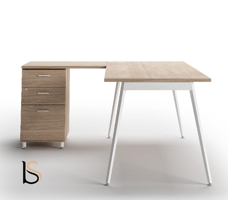 Bureau d'angle avec caisson X3 - Officity - Blanc 9010, Orme, 3 tiroirs, 180 x 160 cm_0
