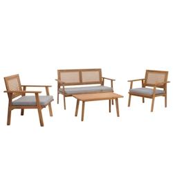 Décoshop26 - Salon de jardin avec table banc et 2 chaises bois et polyrotin coussins gris 04_0008325 - gris 3000262540648_0