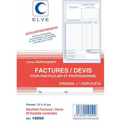 MANIFOLD ENTREPRENEUR AUTOCOPIANT FACTURES / DEVIS  - 210 X 140 MM - 50 FEUILLETS DUPLI