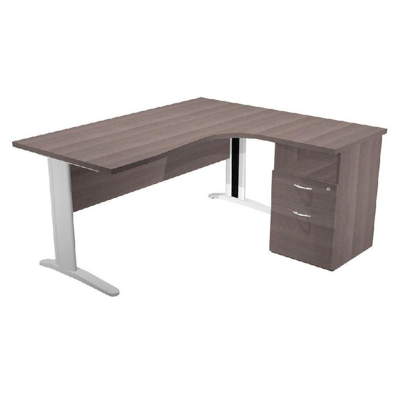 PACK PRONTO METAL - 1 BUREAU COMPACT RETOUR A DROITE CENDRE - PIEDS L ALUMINIUM  -  1 CAISSON HAUTEUR BUREAU PROF. 60 CM