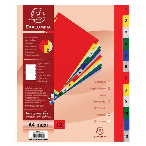 SET DE 12 INTERCALAIRES NUMÉRIQUES POLYPROPYLÈNE A4 MAXI - EXACOMPTA