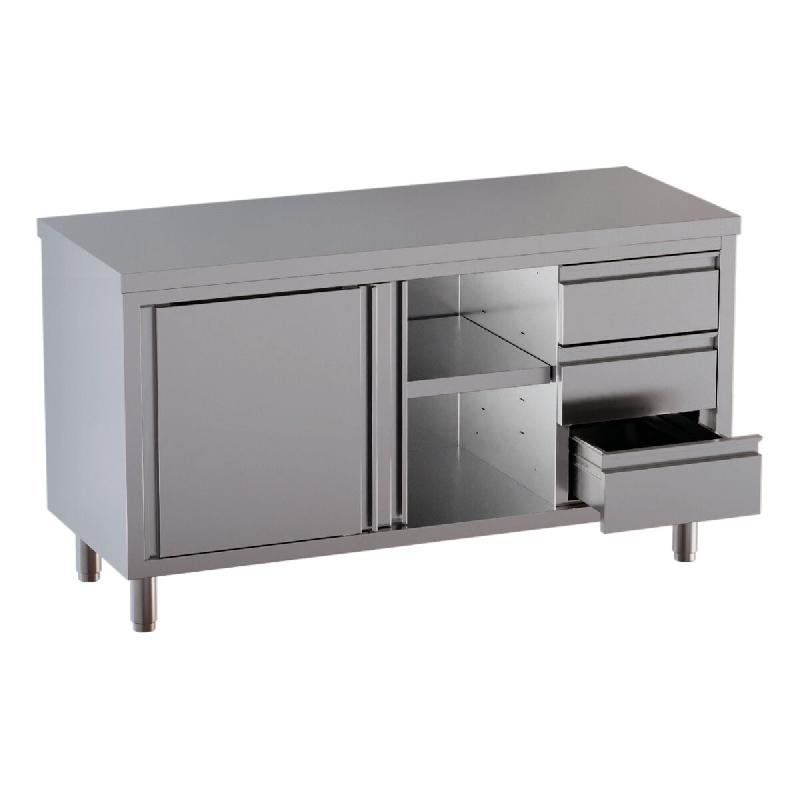 Vaiotec Meuble de bureau TOPLINE / 2 portes coulissantes et 3 tiroirs à droite, 1800 x 600 mm - inox 10389_0