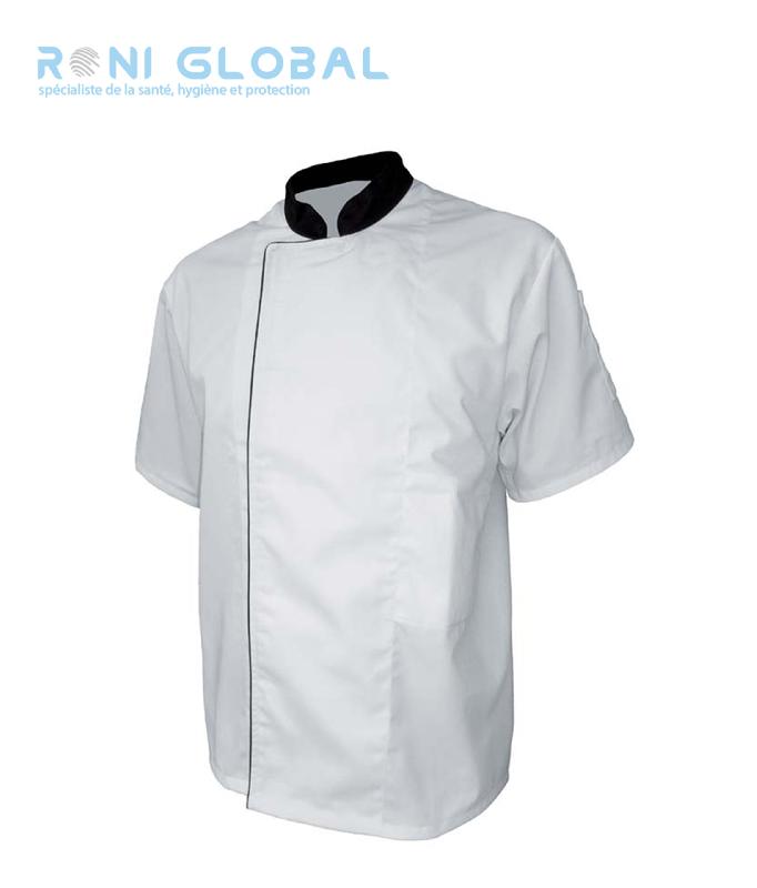 Veste de cuisine manches courtes blanc en coton/polyester - PBV - Fermeture double boutonnage et poches pratiques_0