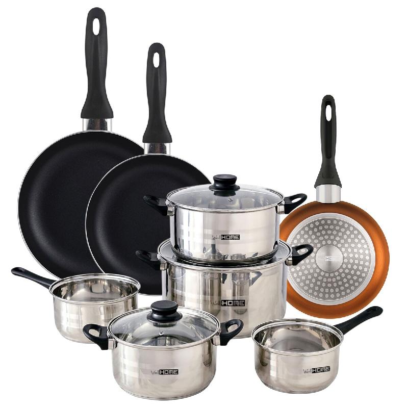 WellHome - Batterie de cuisine de 8pc en acier inoxydable avec Ensemble de 3 Poêles Ø16/20/24cm Bronze métallisé en aluminium pressé - multi-mat�_0