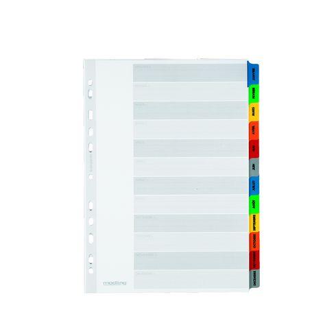 LOT DE 2 - INTERCALAIRE A4 CARTE BRISTOL BLANCHE OXFORD 12 ONGLETS MENSUELS MULTICOLORES - 1 JEU