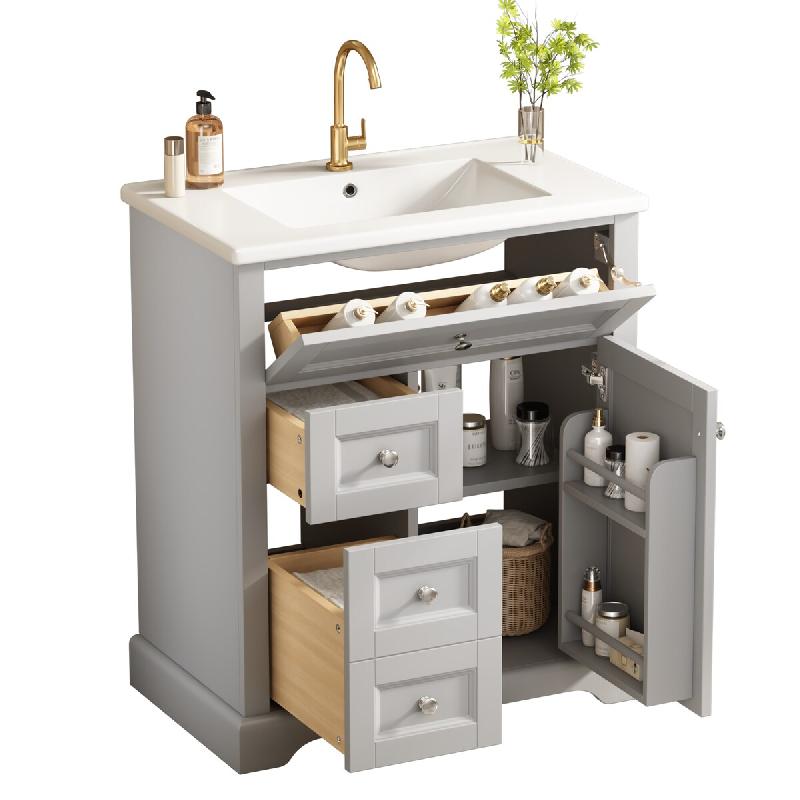 Merax lavabo 76×46×87 cm, meuble de salle de bain sur pied avec lavabo, 3 tiroirs, étagère de porte, étagère réglable, gris - gris multi-matér_0