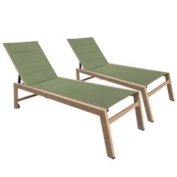 Oviala Business Lot de 2 bains de soleil effet bois inclinable avec roues vert sauge - vert textile 112572_0