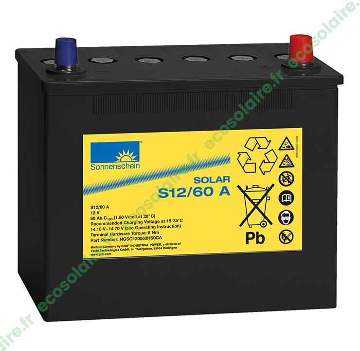 Batterie Sonnenschein Solar S12/60 - 60Ah 12V - Étanche au gel avec 2 colliers et capuchons_0