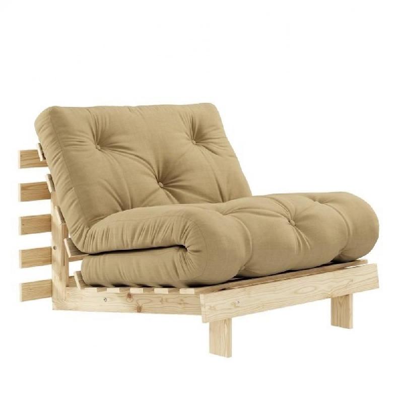 FAUTEUIL CONVERTIBLE FUTON ROOTS PIN NATUREL COLORIS BEIGE BLÉ COUCHAGE 90 X 200 CM._0