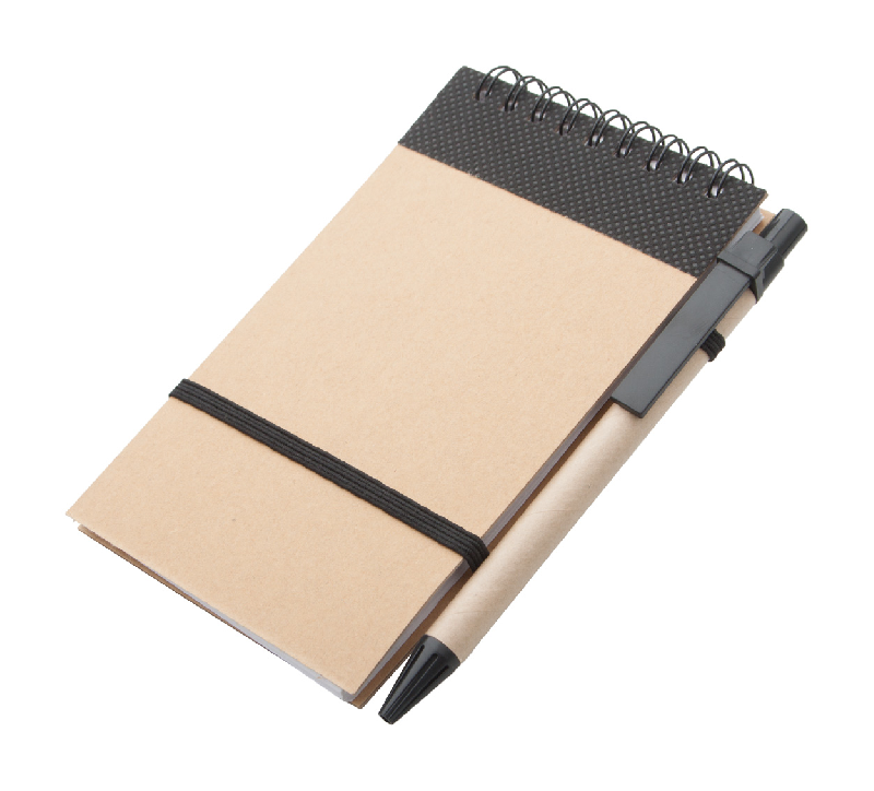 Bloc-notes - 70 pages lignées en carton recyclé avec stylo assorti - Couleur noire_0