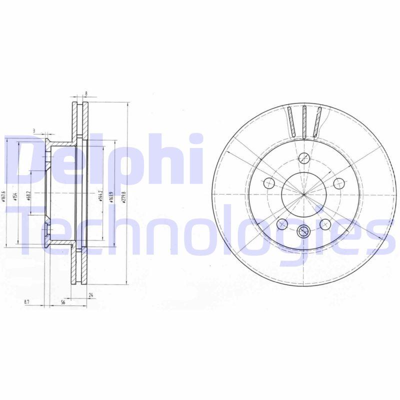 Disque de frein ventilé Delphi BG2717 - boîte de 2 disques pour montage avant - 5 trous - épaisseur 24 mm_0