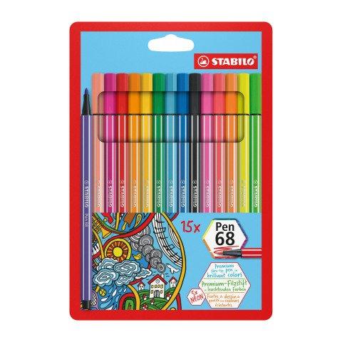 FEUTRE STABILO PEN 68 COLORIS ASSORTIS DONT 5 FLUO - POCHETTE DE 15