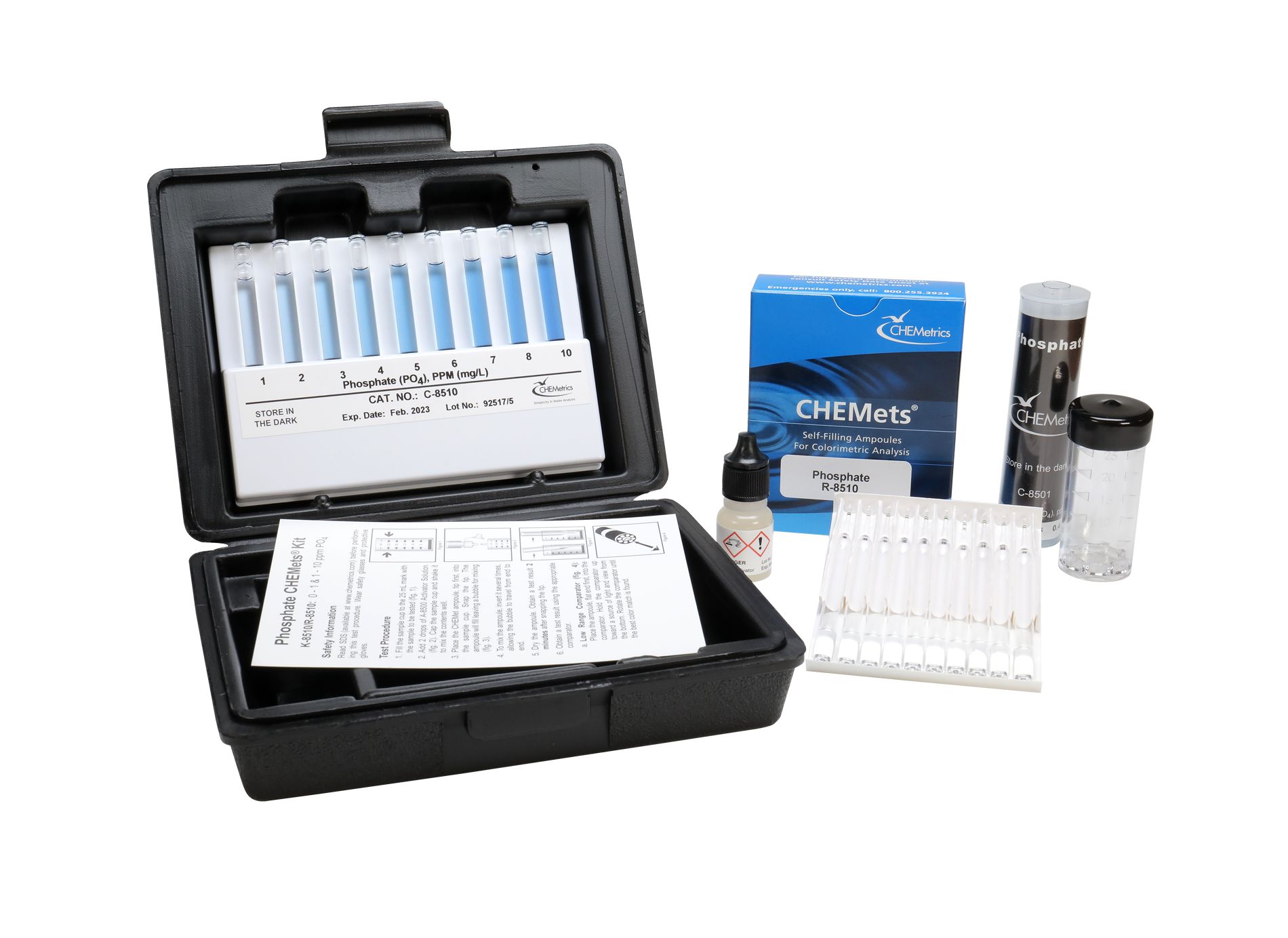 Kit d’analyse visuelle du Phosphate 0-1 et 1-10 ppm, type : CHEMets 30 ampoules, marque Chemetrics - Ref.: NBK001_0
