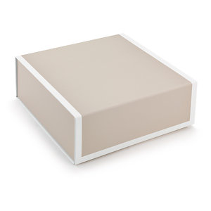 BOITE CADEAU PELLICULÉE COULEUR TAUPE / BLANC SATINÉE FERMETURE AIMANTÉE PRESTIGE 22X22,5X8 CM