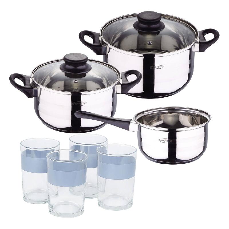 BERGNER - Batterie de cuisine 5 pièces 16/18/20cm en acier inoxydable compatible induction avec Jeu de 4 verres de 0,5 L NOIA - multi-matériau PK8919_0