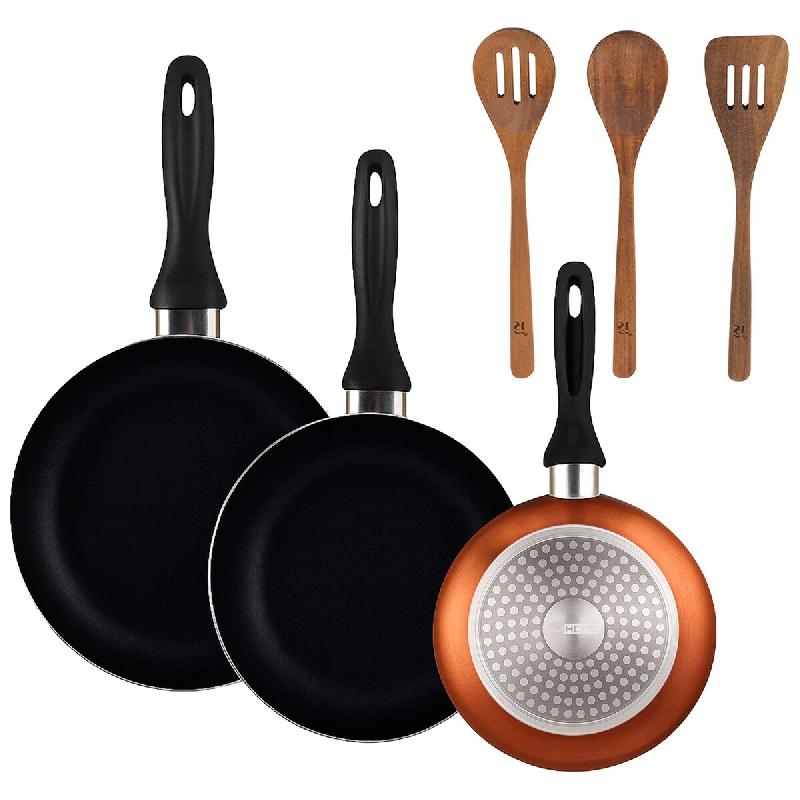 BERGNER - Set de 3 poêles Ø16/20/24cm en aluminium pressé Bronze métallisé avec set de 3 ustensiles de cuisine en bois d’acacia - PK9859_0