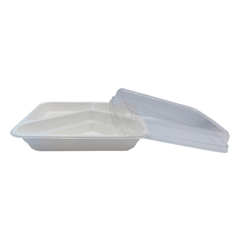 ECOLOMIQUE - 50 Pcs - Barquette scellable blanche en pulpe - 3 compartiments, 227x178 mm, H: 45 mm - ECO210GNP22173C - blanc Bagasse ECO210GNP22173C_0