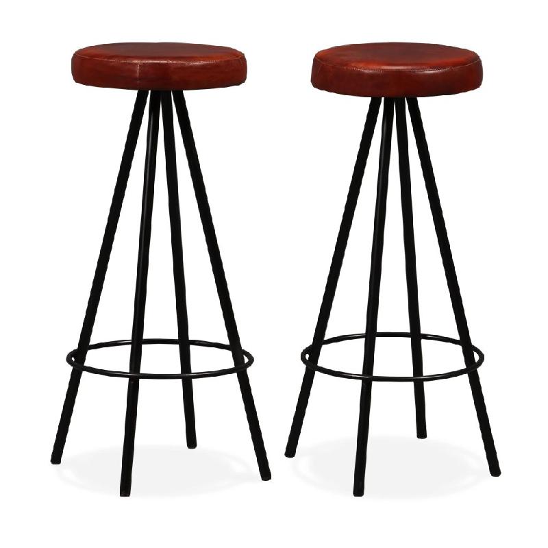 LOT DE DEUX TABOURETS DE BAR DESIGN CHAISE SIÈGE CUIR VÉRITABLE ET ACIER MARRON 1202069_0