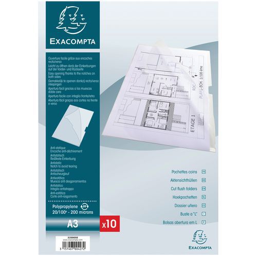 SACHET DE 10 POCHETTES COIN PP RIGIDE A3 VERTICAL CRISTAL - EXACOMPTA