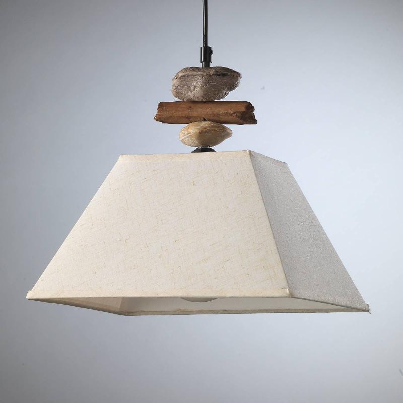 ONLI SUSPENSION SEREGON AVEC ABAT-JOUR TEXTILE ET DÉCOR EN PIERRE