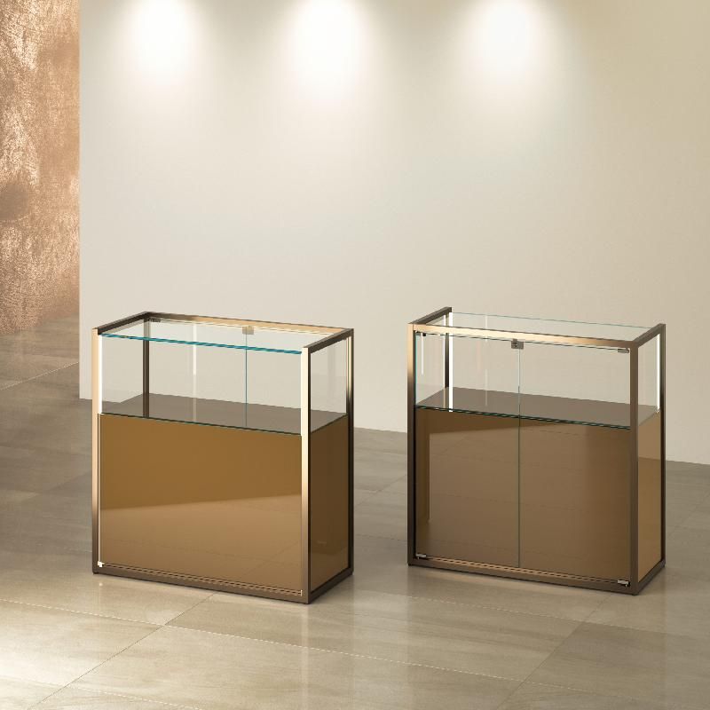 Vitrine comptoir noire avec rangement occulté - STM95CR-N - L 95 P 45 H 95 cm - verre trempé et structure métallique_0