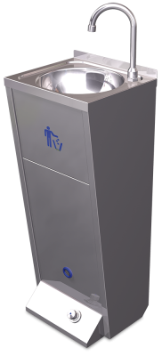 Lave-mains sur pieds à faible encombrement - Construction inox 18/10 - Poussoir au pied avec poubelle intégrée_0