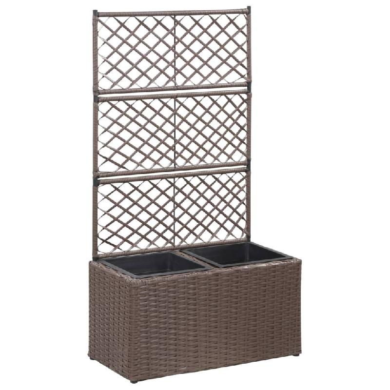 Jardinière lit surélevé en résine tressée marron - avec treillis intégré et 2 pots amovibles - 58 x 30 x 107 cm_0