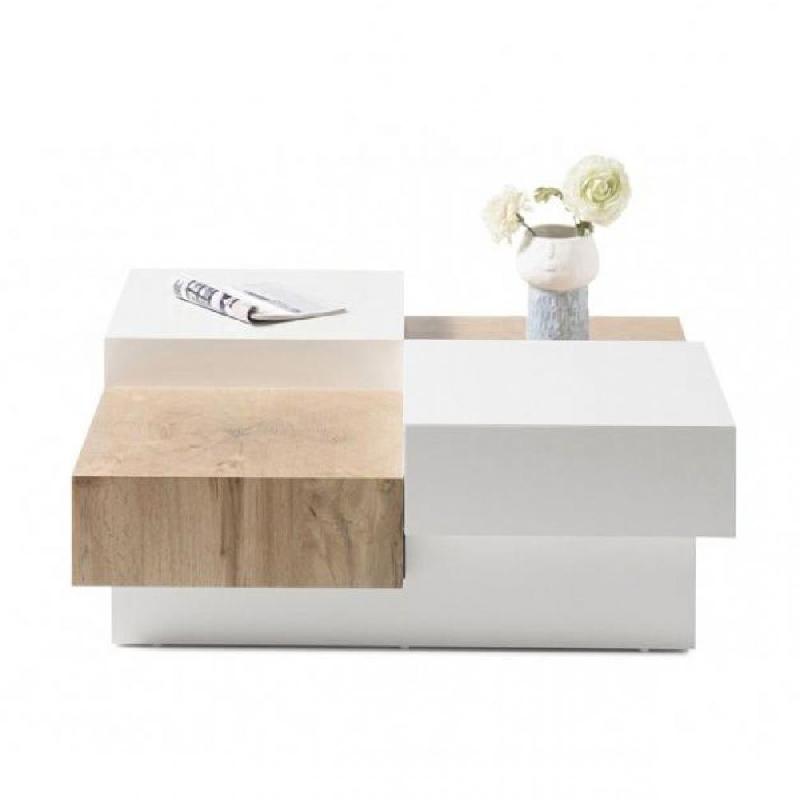 Table basse PIXBO - Laquée blanc mat et décor chêne - 2 tiroirs - Design original_0