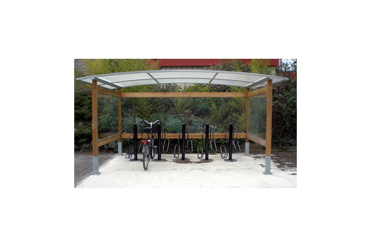 Abri vélo semi-ouvert Morbihan - structure en bois - bardage en verre sécurit - capacité 12 vélos ou 6 motos_0